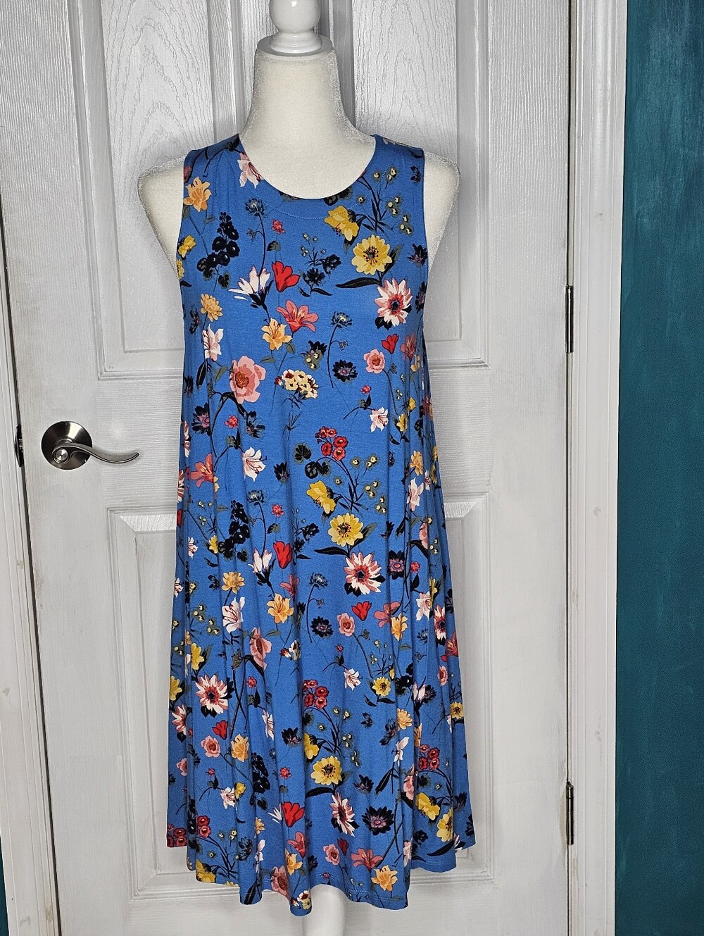Blue Floral Sleeveless Swing Dress